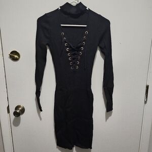 Black Lace-Up Sweater Dress